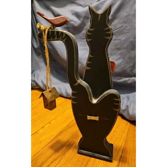 Rustic Folk Art Black & Gray Cat With a  Heart Bird & Bird House Wood Décor - Picture 3 of 8